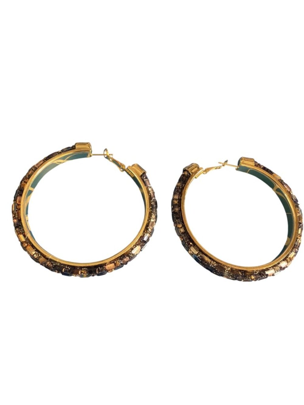 Gold Tone Rhinestone Embellished Large Hoop Earrings Baguette Black Brown 2.75"